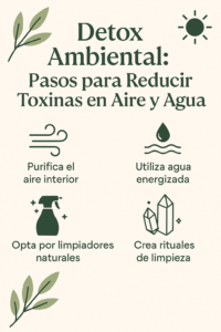 magen infográfica titulada "Detox Ambiental: Pasos para Reducir Toxinas en Aire y Agua", con diseño botánico en tonos verdes y beige. Incluye iconos y texto explicativo sobre cómo purificar el aire, activar el agua con intención, crear rituales de limpieza con aceites esenciales y generar hábitos para el bienestar cerebral y espiritual. Diseño armonioso y visualmente atractivo, enfocado en salud integral, energía limpia y bienestar consciente.